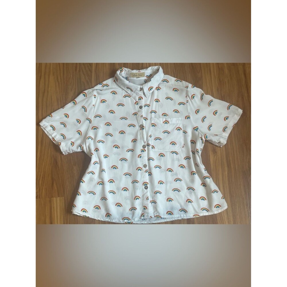 Love Notes novelty rainbow print button-up blouse Size S Pride